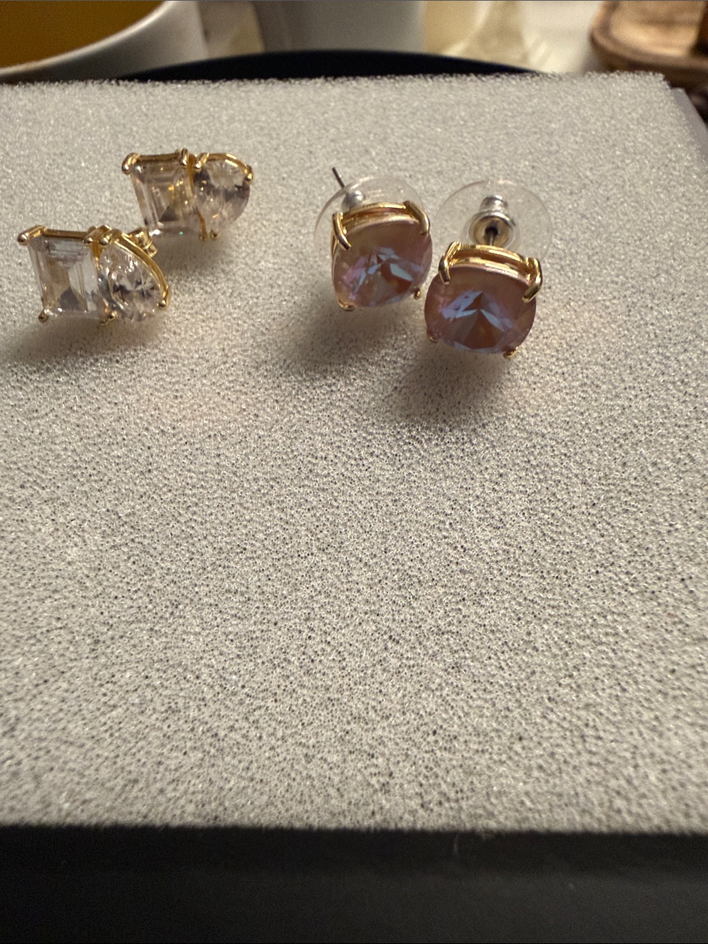 Square And Rd Crystal &Gold-Set Pink Opal Round Stud Earrings - Timeless Sparkle
